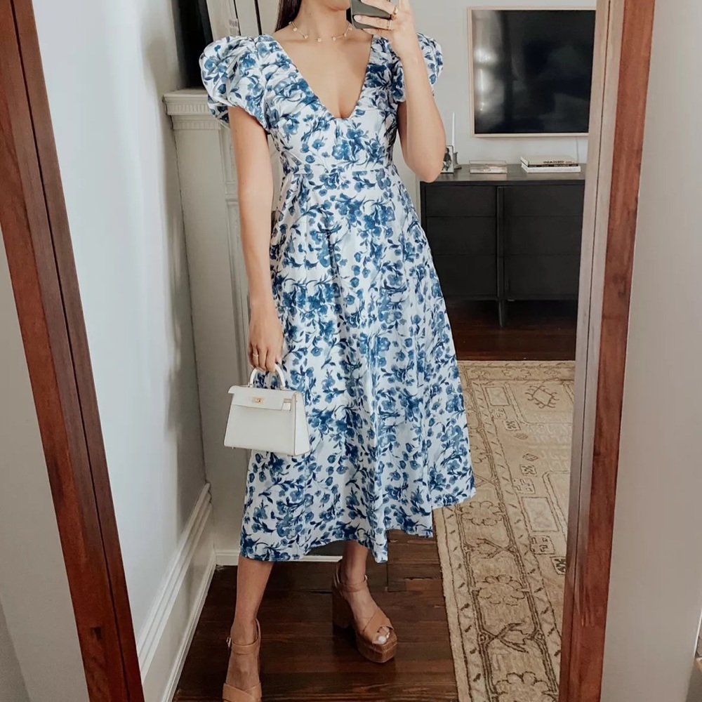 NWT Abercrombie Puff Sleeve Plunge Midi Dress